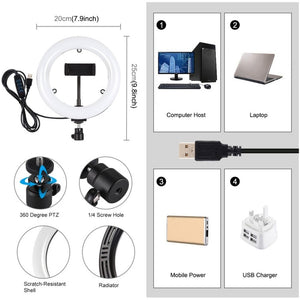 PULUZ 7.9 inch 20cm USB 3 Modes Dimmable Dual Color Temperature LED Curved Light Ring Vlogging Selfie Photography Video Lights with Mirror, 7.9 inch with mirror - laboratorydeal