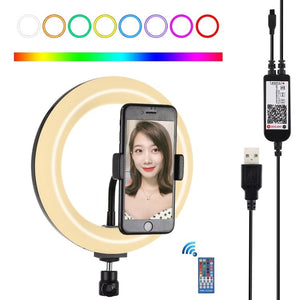 PULUZ 7.9 inch 20cm USB RGB Dimmable LED Dual Color Temperature LED Curved Light Ring Vlogging Selfie Photography Video Lights with Phone Clamp, 7.9 inch RGBW - laboratorydeal