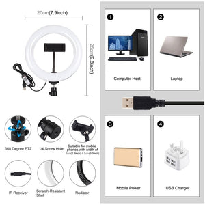 PULUZ 7.9 inch 20cm USB RGB Dimmable LED Dual Color Temperature LED Curved Light Ring Vlogging Selfie Photography Video Lights with Phone Clamp, 7.9 inch RGBW - laboratorydeal