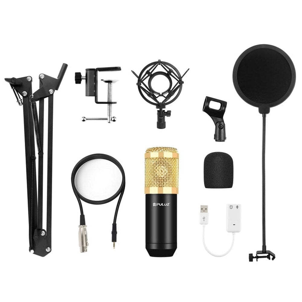 PULUZ Condenser Microphone Studio Broadcast Professional Singing Microphone Kits with Suspension Scissor Arm & Metal Shock Mount & USB Sound Card, Power By 48V, 48V Microphone Kits (Gold) - laboratorydeal