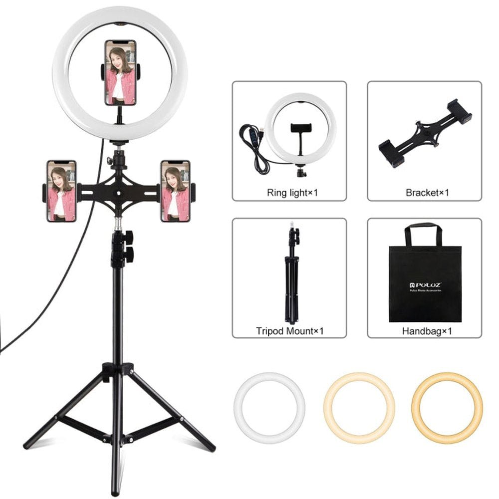PULUZ Dual Phone Brackets Horizontal Holder + 1.1m Tripod Mount + 10.2 inch 26cm LED Ring Vlogging Video Light Live Broadcast Kits - laboratorydeal