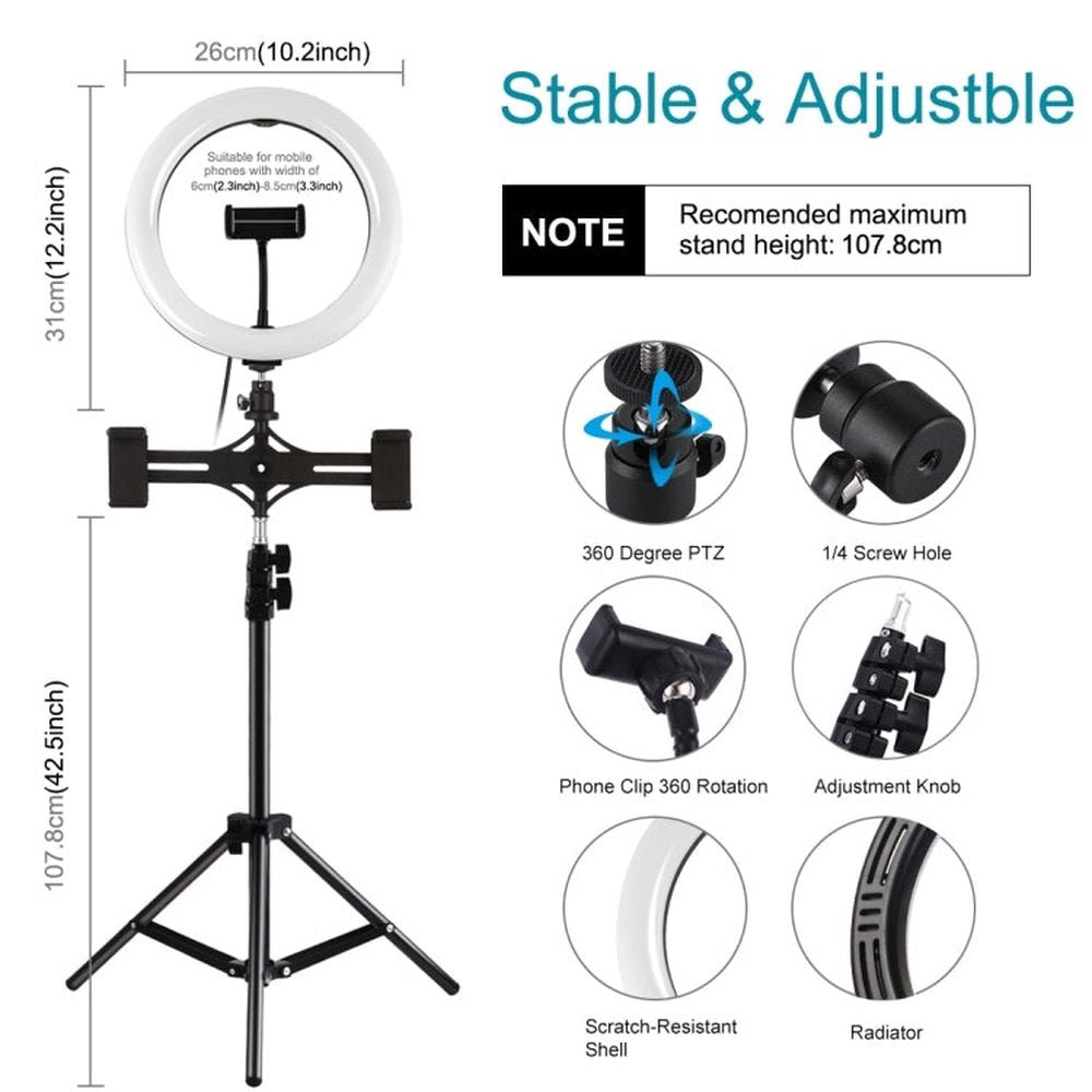 PULUZ Dual Phone Brackets Horizontal Holder + 1.1m Tripod Mount + 10.2 inch 26cm LED Ring Vlogging Video Light Live Broadcast Kits - laboratorydeal