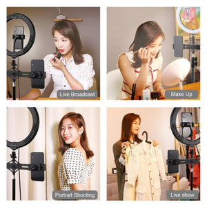 PULUZ Dual Phone Brackets Horizontal Holder + 1.1m Tripod Mount + 10.2 inch 26cm LED Ring Vlogging Video Light Live Broadcast Kits - laboratorydeal