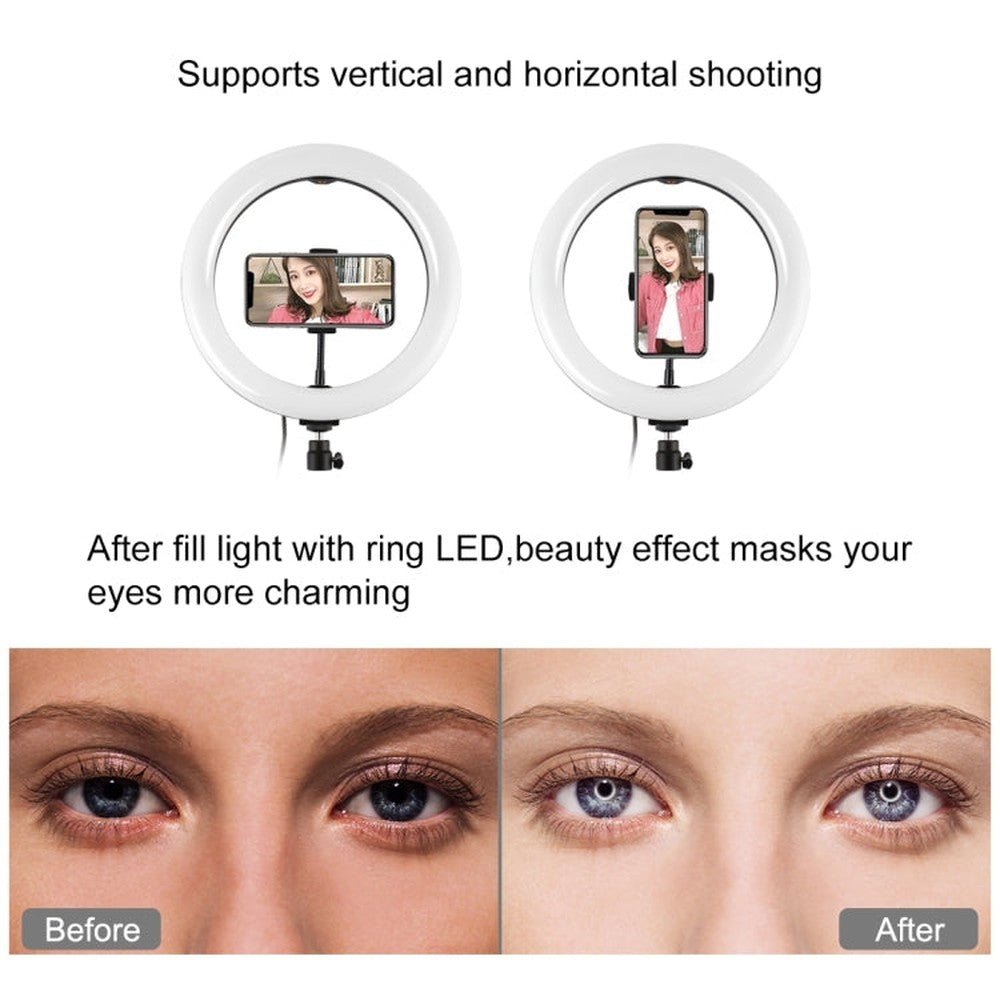 PULUZ Dual Phone Brackets Horizontal Holder + 1.1m Tripod Mount + 10.2 inch 26cm LED Ring Vlogging Video Light Live Broadcast Kits - laboratorydeal