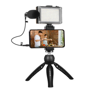 PULUZ Live Broadcast Smartphone Video Light Vlogger Kits with Microphone + LED Light + Tripod Mount + Phone Clamp Holder, Mic + LED + Tripod + lamp - laboratorydeal