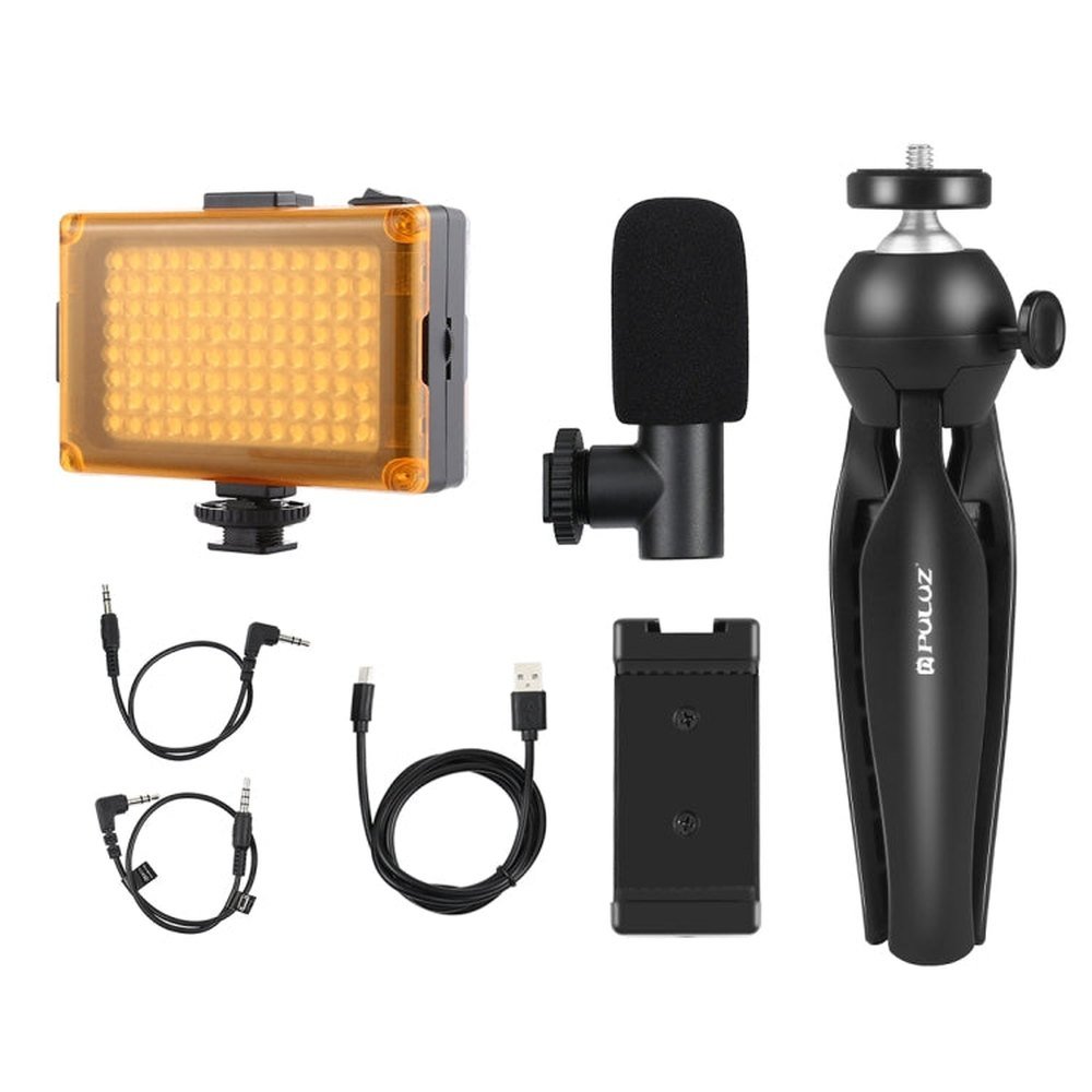 PULUZ Live Broadcast Smartphone Video Light Vlogger Kits with Microphone + LED Light + Tripod Mount + Phone Clamp Holder, Mic + LED + Tripod + lamp - laboratorydeal