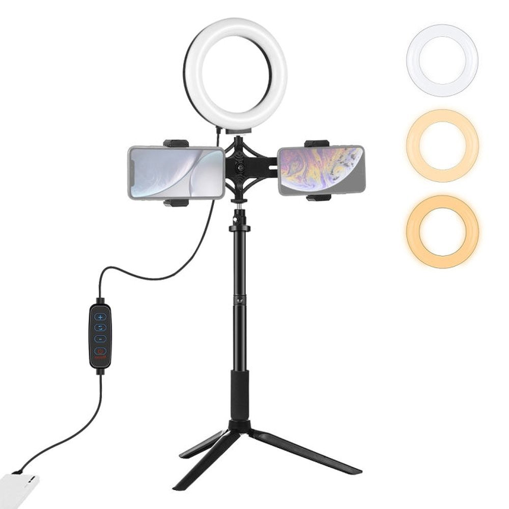 PULUZ Tripod Mount + Extension Rod + Live Broadcast Dual Phone Bracket + 6.2 inch 16cm LED Ring Vlogging Video Light Kits, 4 in 1 Live Broadcast Kits - laboratorydeal
