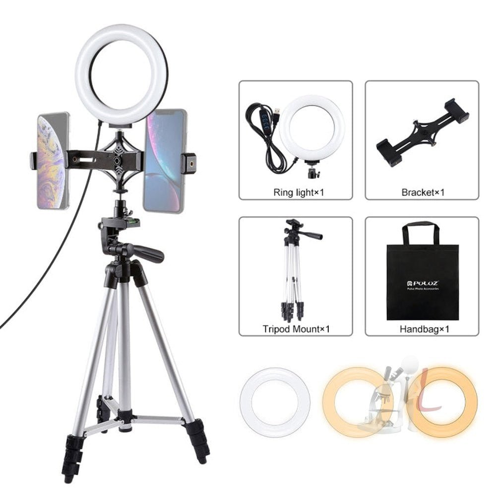 PULUZ Tripod Mount + Live Broadcast Dual Phone Bracket + 6.2 inch 16cm LED Ring Vlogging Video Light Kits, 3 in 1 - laboratorydeal