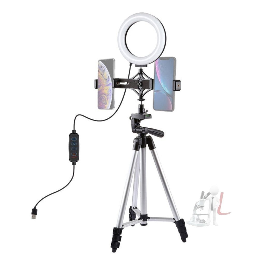 PULUZ Tripod Mount + Live Broadcast Dual Phone Bracket + 6.2 inch 16cm LED Ring Vlogging Video Light Kits, 3 in 1 - laboratorydeal