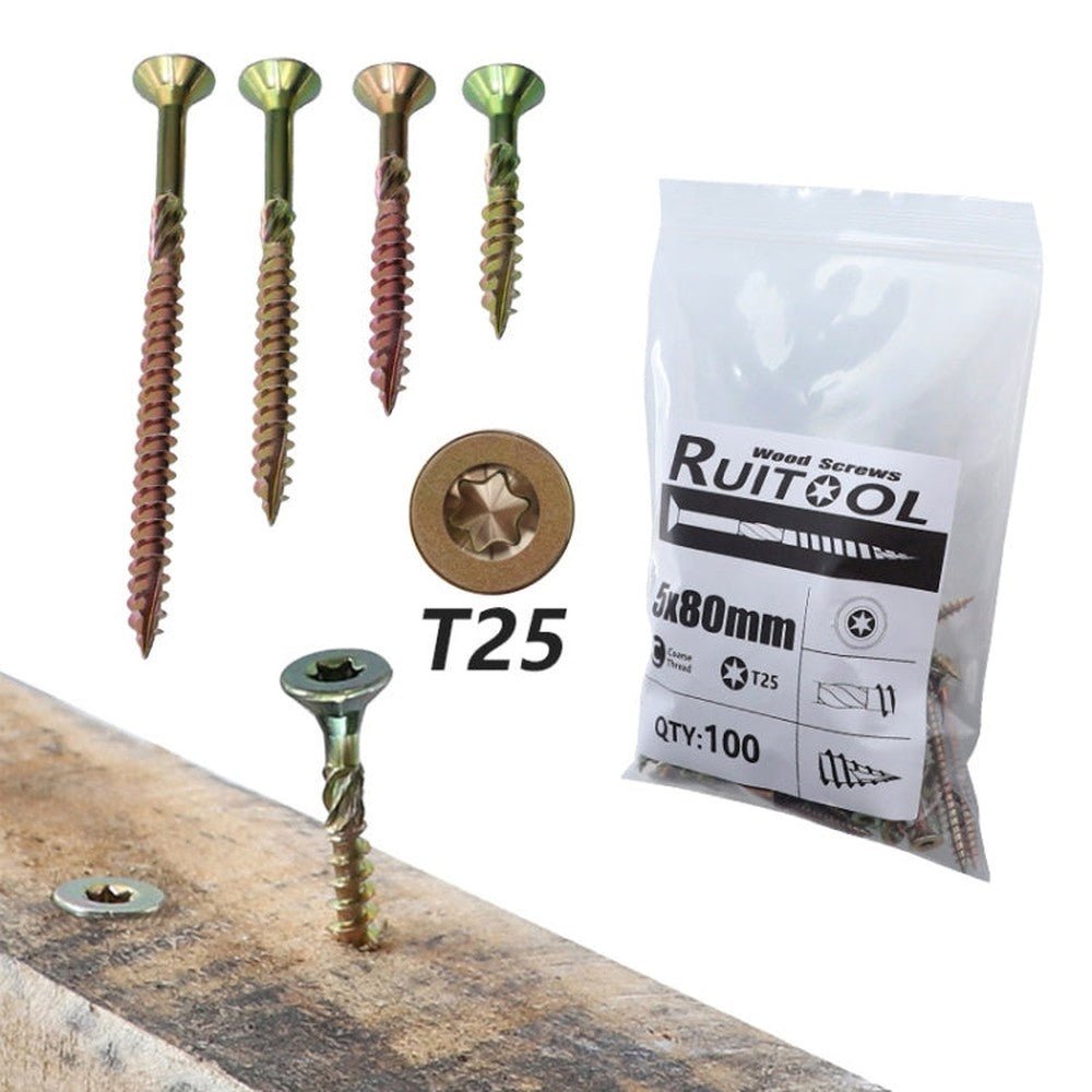 RUITOOL T25 100pcs Woodworking Screws Torx Self Tapping Screws, 5 x 80mm, 4.5 x 60mm, 4.5 x 45mm, 4.5 x 35mm - laboratorydeal