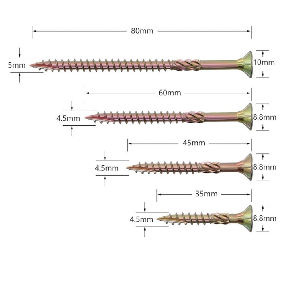 RUITOOL T25 100pcs Woodworking Screws Torx Self Tapping Screws, 5 x 80mm, 4.5 x 60mm, 4.5 x 45mm, 4.5 x 35mm - laboratorydeal