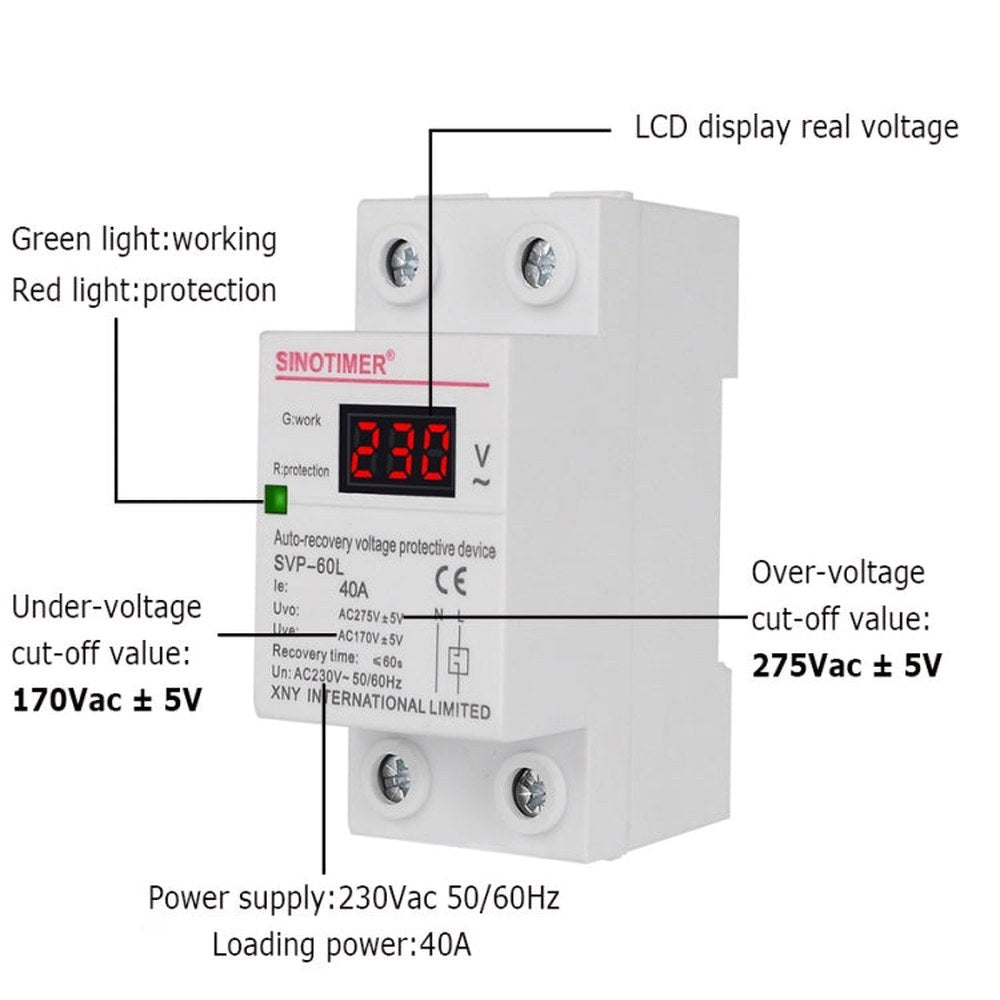 SINOTIMER 220V LED Digital Display Delay Automatic Reset Under-voltage Protector, SVP-60L