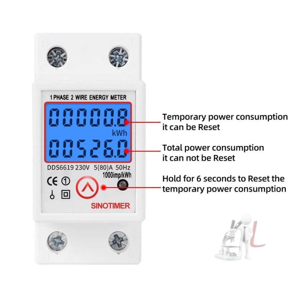 SINOTIMER DDS6619-526L-2 Can Reset Zero Backlight Display Single-phase Rail Electric Energy Meter, DDS6619-526L-2