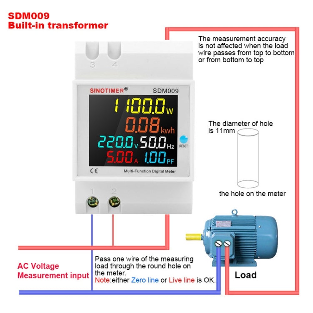 SINOTIMER SDM009 Din Rail Single-Phase Voltage Current Frequency Power Factor Electricity Multifunctional Meter, AC40-300V Built-In, AC40-300V External, AC250-450V Built-In, AC250-450V External