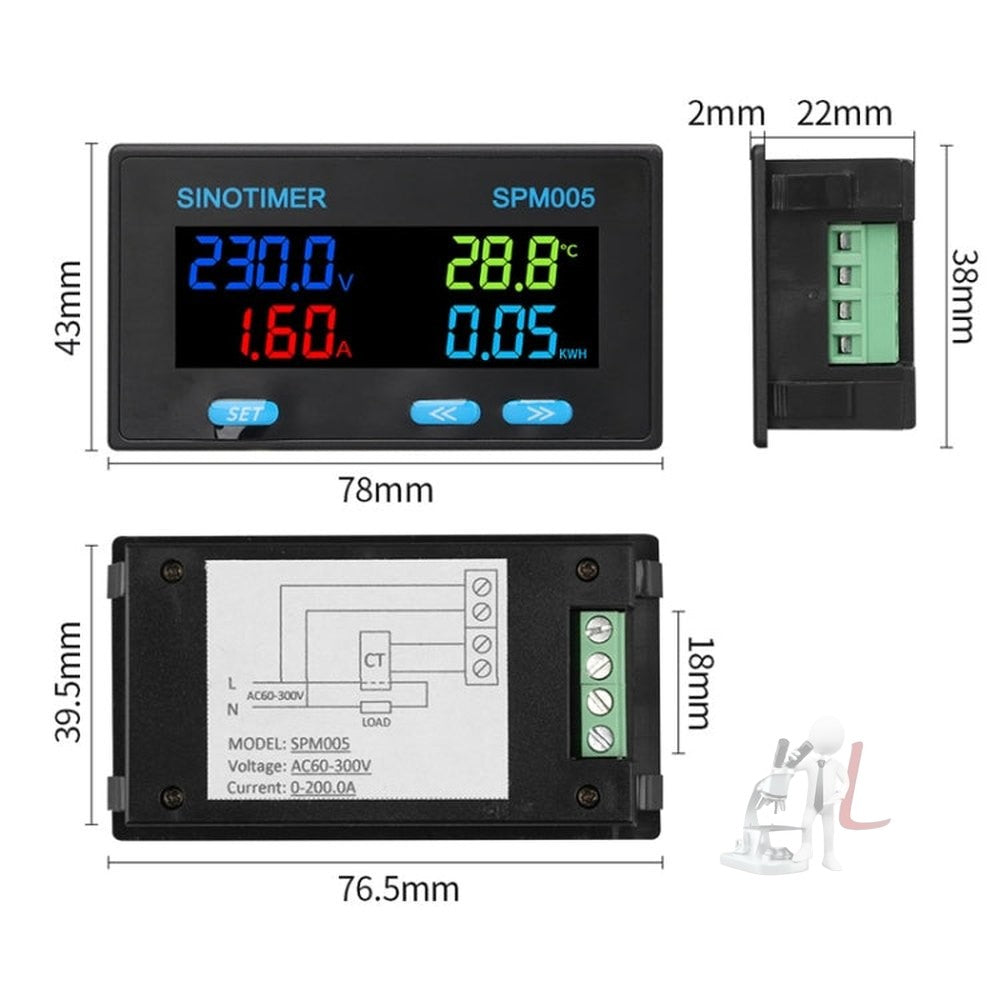 SINOTIMER SPM005 AC Digital Display Voltage Current Power Electricity Multifunctional Monitoring Meter, 20A, 100A, 200A