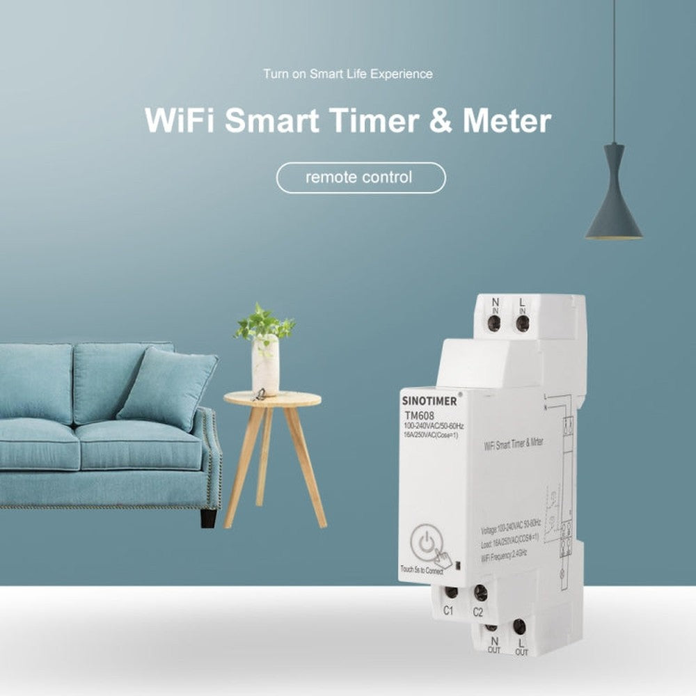 SINOTIMER TM608 Smart WiFi Single-Phase Power Meter Mobile App Home Rail Meter 16A 100-240V, TM608