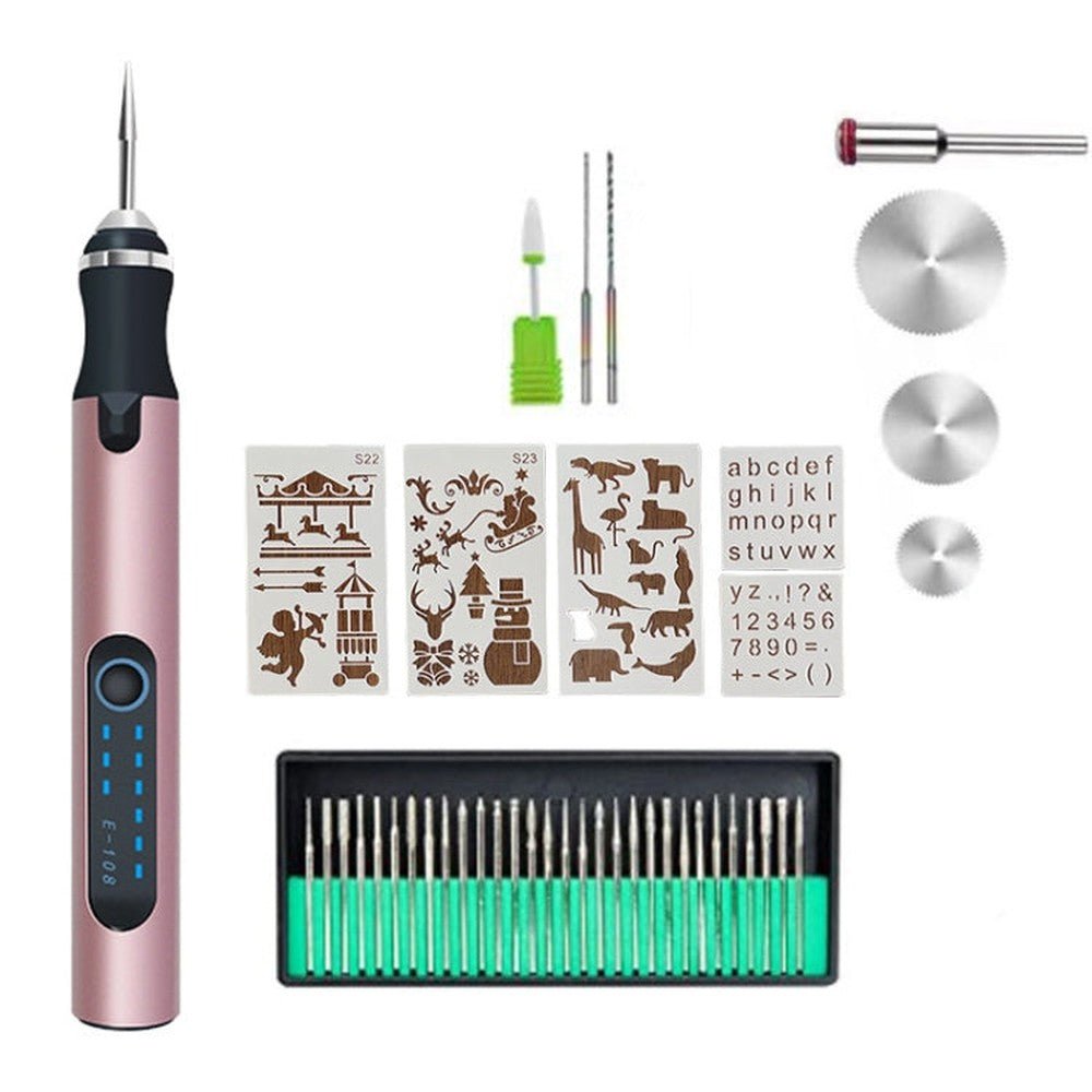 SNJ - 3681 Mini Engraving Pen Wireless Polishing Electric Grinder, Silver+Polishing Head+Cutting Blade+Engraving Template+Drill Bit+Corn Head, Rose Gold+Polishing Head+Cutting Blade+Engraving Template+Drill Bit+Corn Head - laboratorydeal