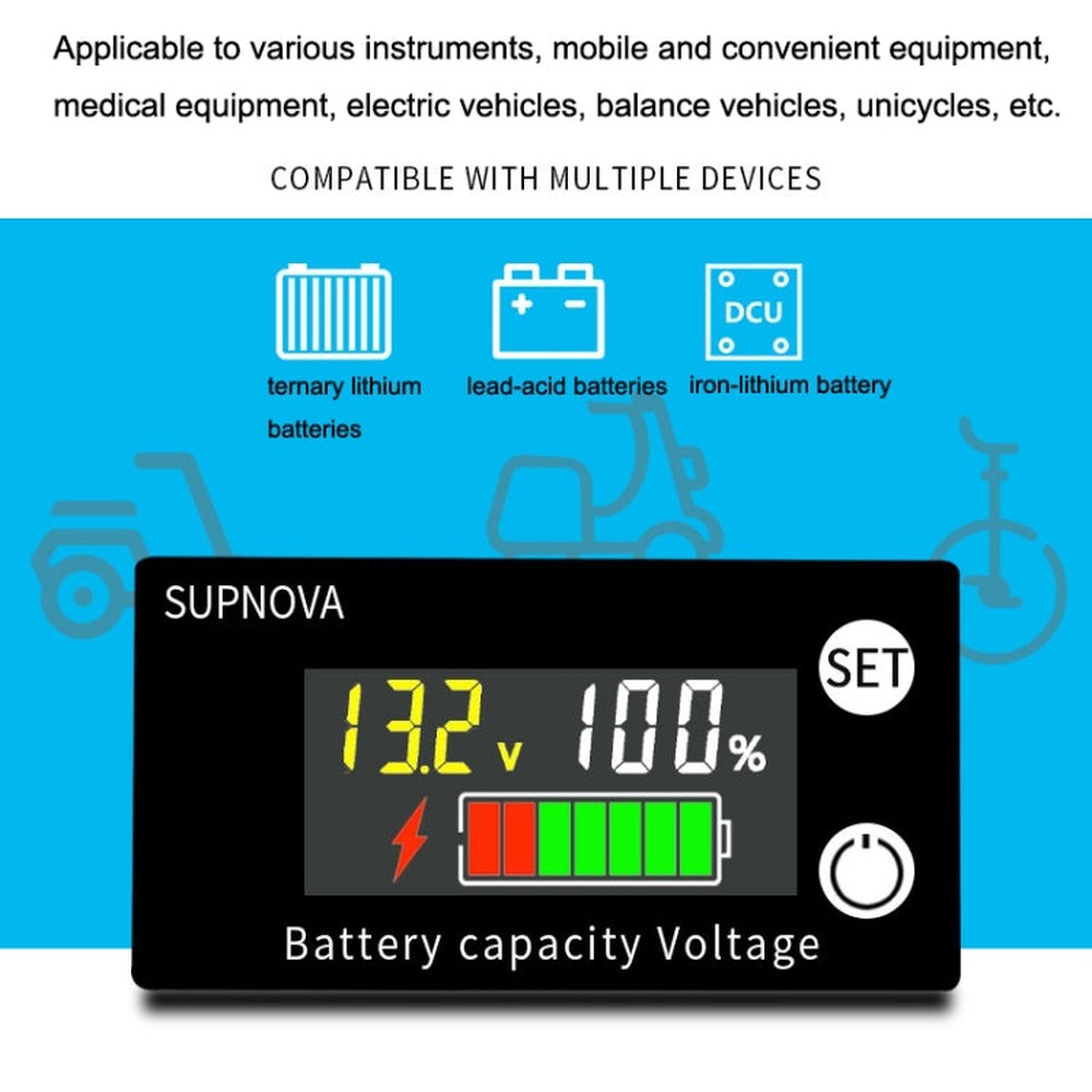 SUPNOVA LCD Color Screen DC Voltmeter Lithium Storage Battery Meter, Style:, Ordinary Type, Alarm + Temperature Type, Waterproof Type
