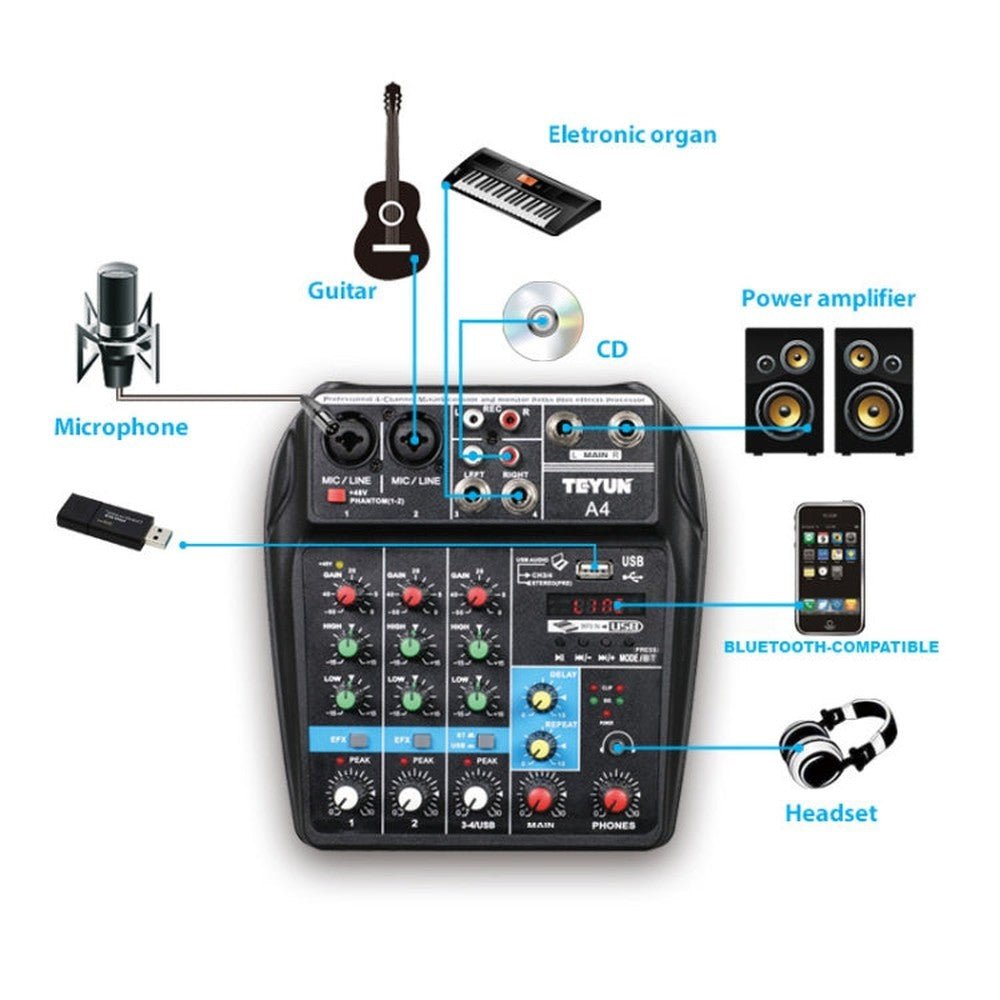 TEYUN A4 4 - way Small Microphone Digital Mixer Live Recording Effector - laboratorydeal