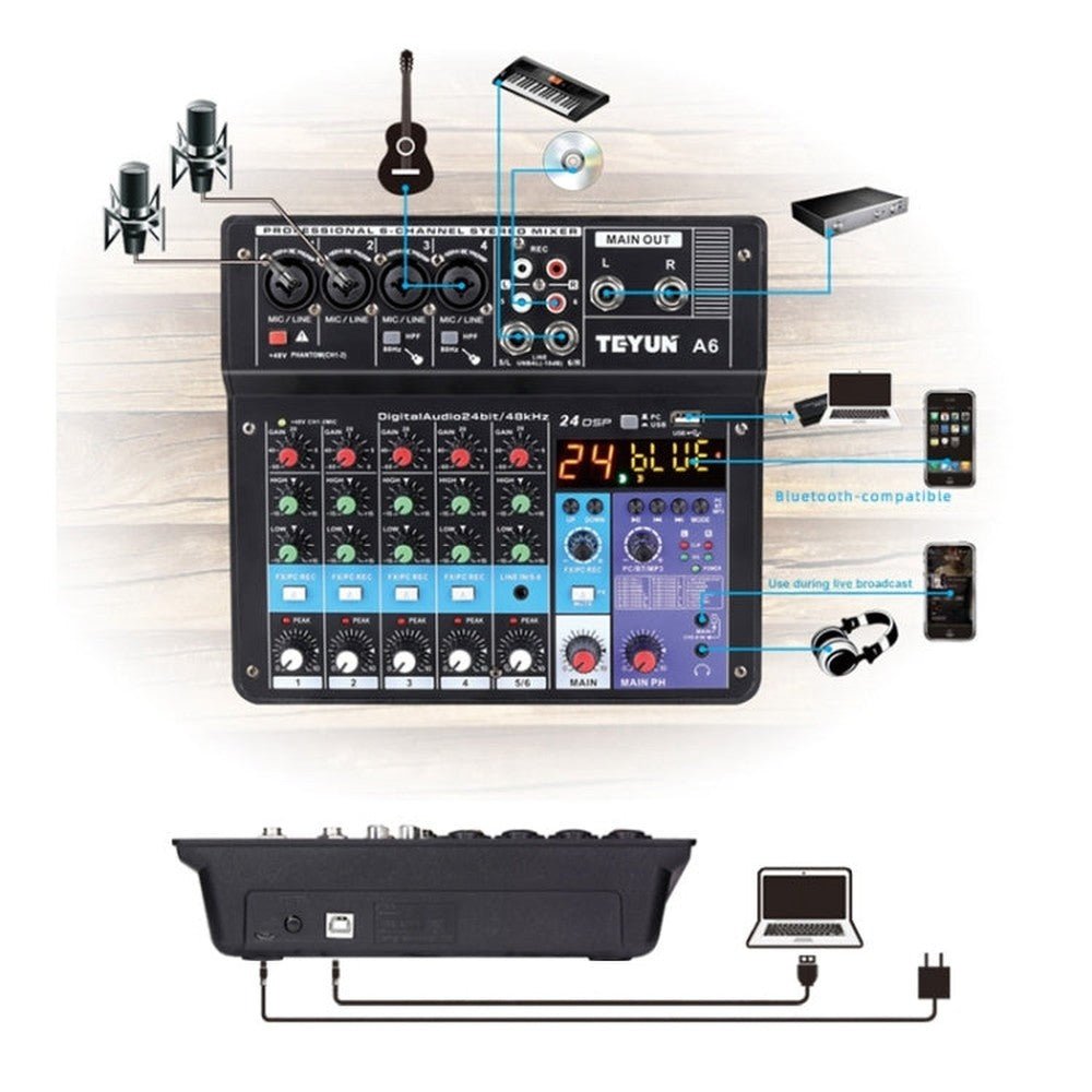 TEYUN NA6 6 - channel Small Mixing Console Mobile Phone Sound Card Live Broadcast Computer Recording Console Processor, EU Plug, NA6 EU Plug - laboratorydeal