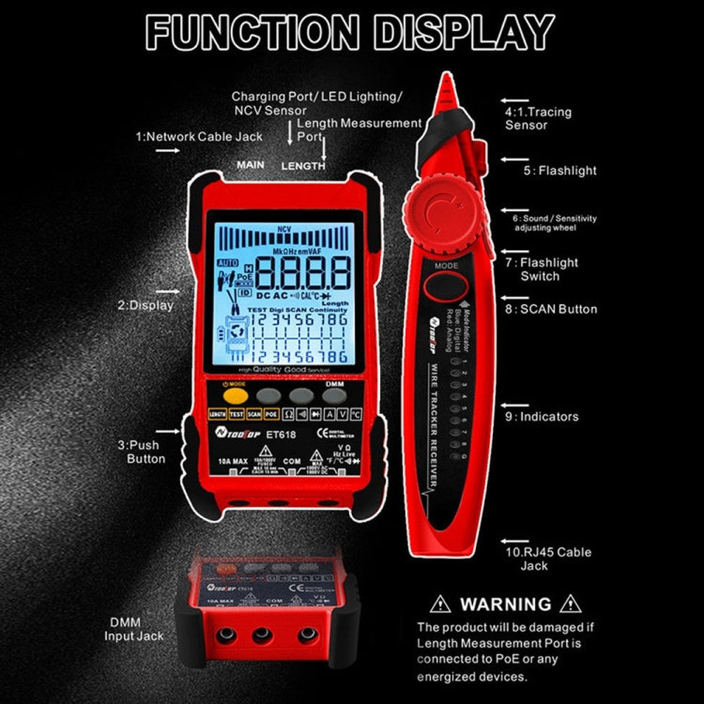 TOOLTOP 600m/1968ft Network Cable Length 2 in 1 Network Cable Finder Multimeter, ET618PRO