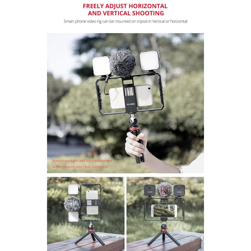 YELANGU PC06 YLG0909A Vlogging Live Broadcast Smartphone Metal Cage Video Rig Filmmaking Recording Handle Stabilizer Bracket for iPhone, Galaxy, Huawei, Xiaomi, HTC, LG, Google, and Other Smartphones, YLG0909A - laboratorydeal