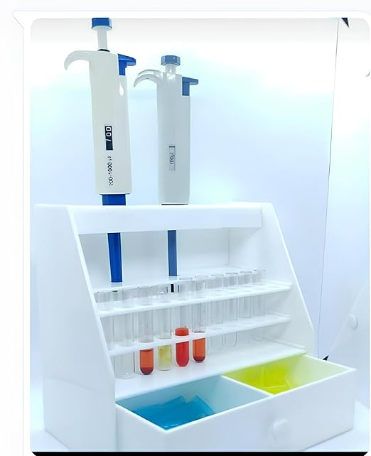 Micropipette Stand with Drawer for 6 Micropipettes and Test Tube Rack for 12x75 mm Tubes (22 Places), White