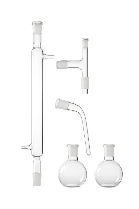 Borosilicate 3.3 Glass Distillation Apparatus Set | Round Bottom Flask (250ml),Condenser, Distillation Adapter & Receiver Adapter | Laboratory Glassware Kit for Chemistry & Science Experiments