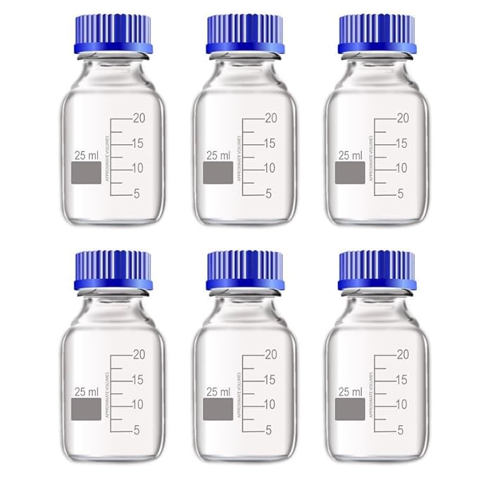 Borosilicate Glass Narrow Mouth Reagent Bottle with Screw Cap 25ml Pack of 6 - Durable, Thermal Shock Resistant, and Leak-Proof. Ideal for Secure Storage Laboratory Chemicals and Samples
