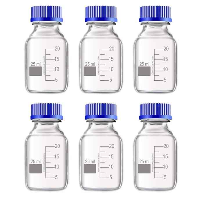 Borosilicate Glass Narrow Mouth Reagent Bottle with Screw Cap 25ml Pack of 6 - Durable, Thermal Shock Resistant, and Leak-Proof. Ideal for Secure Storage Laboratory Chemicals and Samples