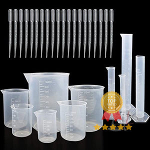 4 PCS Plastic Graduated Cylinders 10ml/25ml/50ml/100ml and 6 PCS Plastic Beakers 50ml/100ml/150ml/250ml/500ml/1000ml for DIY and Laboratory Measuring with 20 Plastic Droppers in 3 ml - Laboratorydeal
