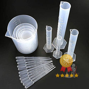 4 PCS Plastic Graduated Cylinders 10ml/25ml/50ml/100ml and 6 PCS Plastic Beakers 50ml/100ml/150ml/250ml/500ml/1000ml for DIY and Laboratory Measuring with 20 Plastic Droppers in 3 ml - Laboratorydeal