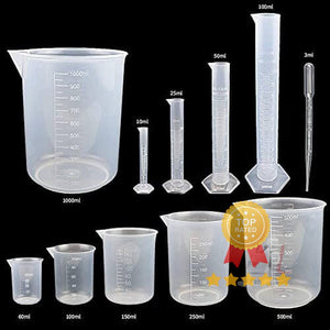 4 PCS Plastic Graduated Cylinders 10ml/25ml/50ml/100ml and 6 PCS Plastic Beakers 50ml/100ml/150ml/250ml/500ml/1000ml for DIY and Laboratory Measuring with 20 Plastic Droppers in 3 ml - Laboratorydeal
