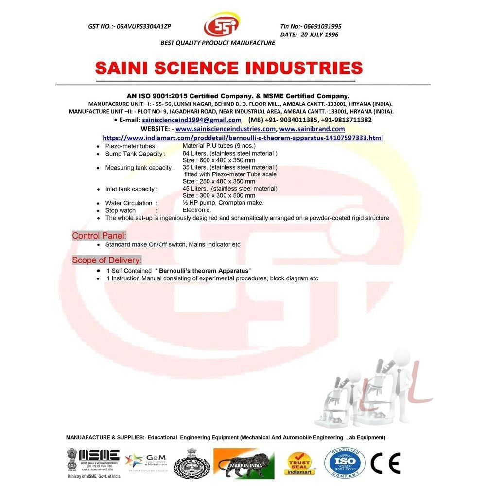 Bernoulliās theorem apparatus - Laboratorydeal