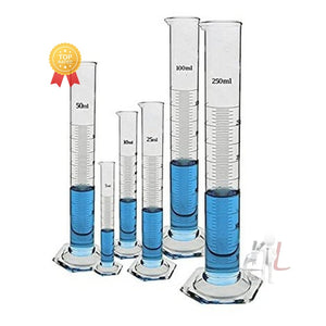 Borosilicate 3.3 Glass Measuring Cylinder 5 ml, 10 ml, 25 ml, 50 ml, 100 ml, 250 ml with Graduation Marks, Set of 6 Measuring Cylinders - Laboratorydeal