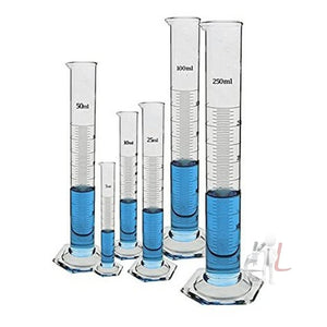 Borosilicate 3.3 Glass Measuring Cylinder 5 ml, 10 ml, 25 ml, 50 ml, 100 ml, 250 ml with Graduation Marks, Set of 6 Measuring Cylinders - Laboratorydeal