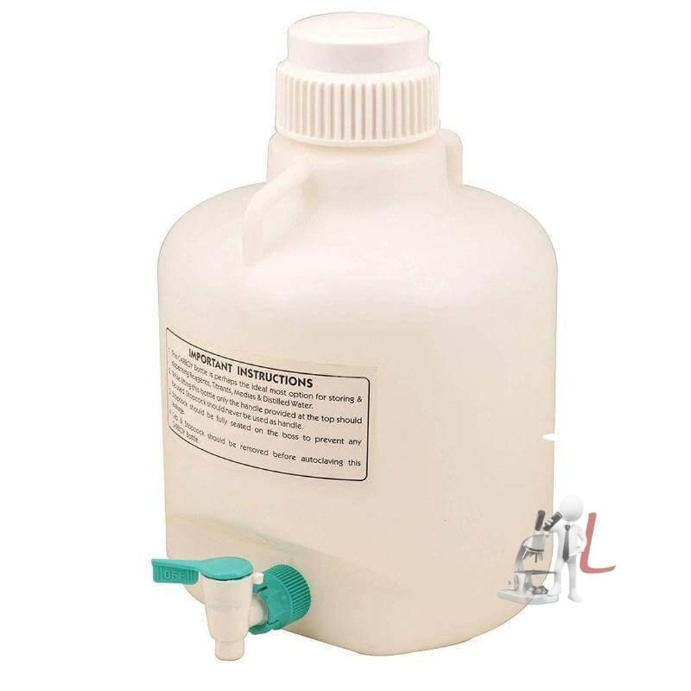 Carboy Bottle with Stopcock, 20 Liter Capacity, White Premium Polypropylene with 2 Handles - Laboratorydeal