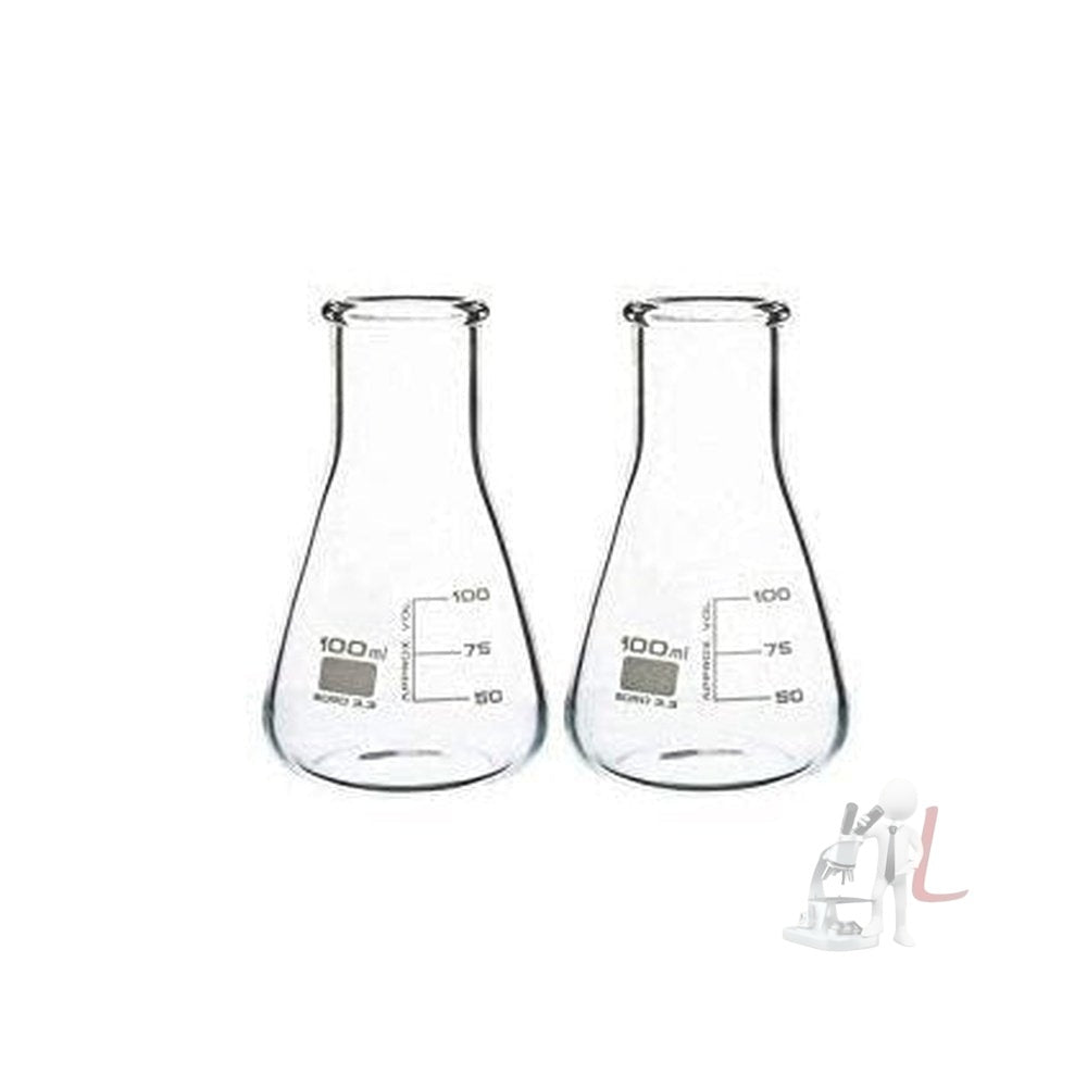 Conical Flask 100ml, Wide Neck, Made of Borosilicate Glass 3.3, Pack of 2 - Laboratorydeal