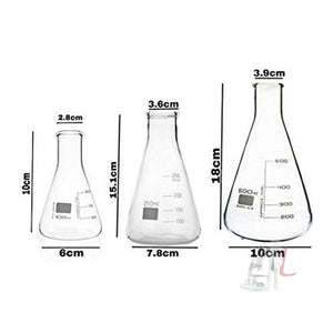Conical Flask In Chemistry Lab 100 ml, 250 ml & 500 ml, Made of Borosilicate Glass 3.3, Graduated, Pack of 3 - Laboratorydeal