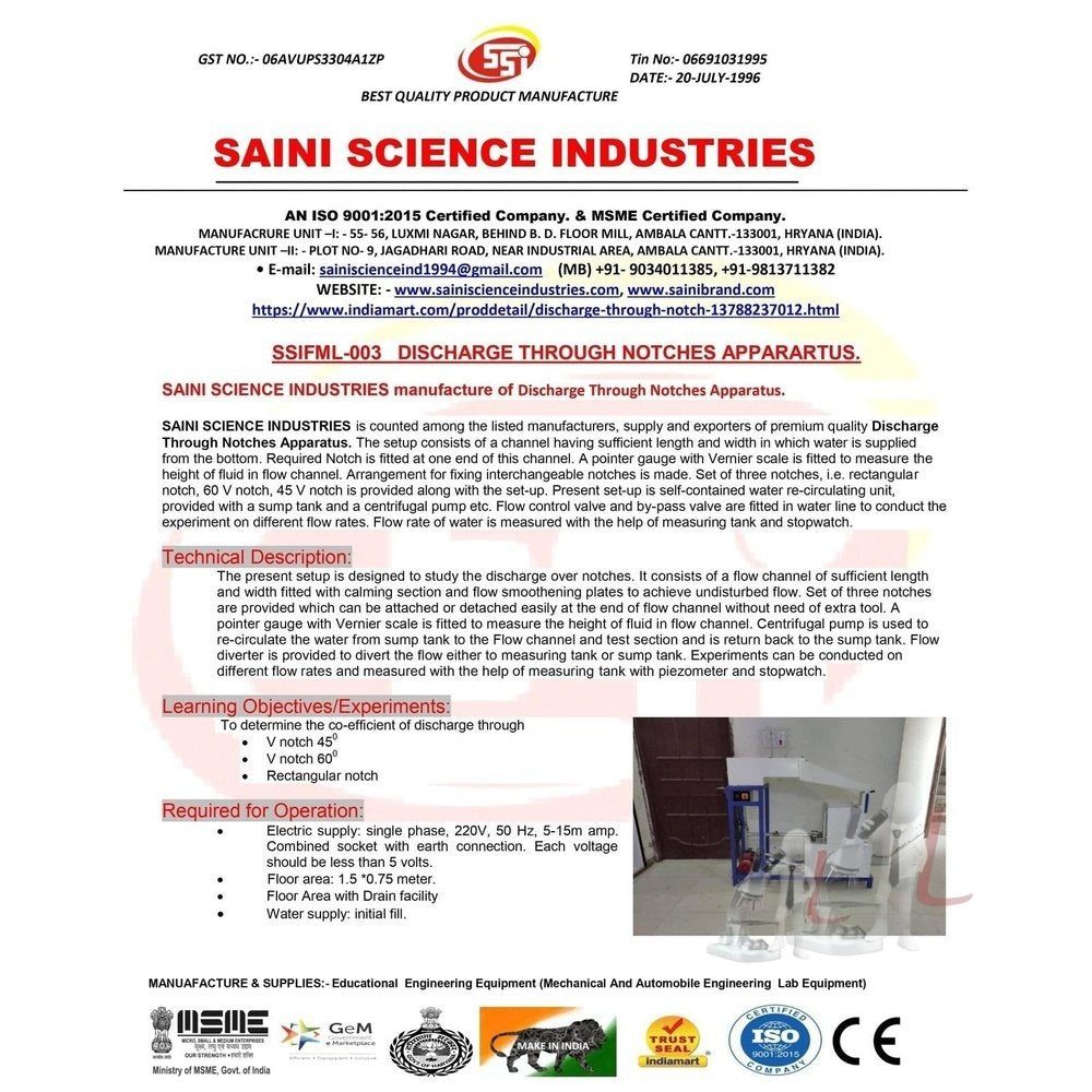 Discharge Through Notches Apparatus - Laboratorydeal
