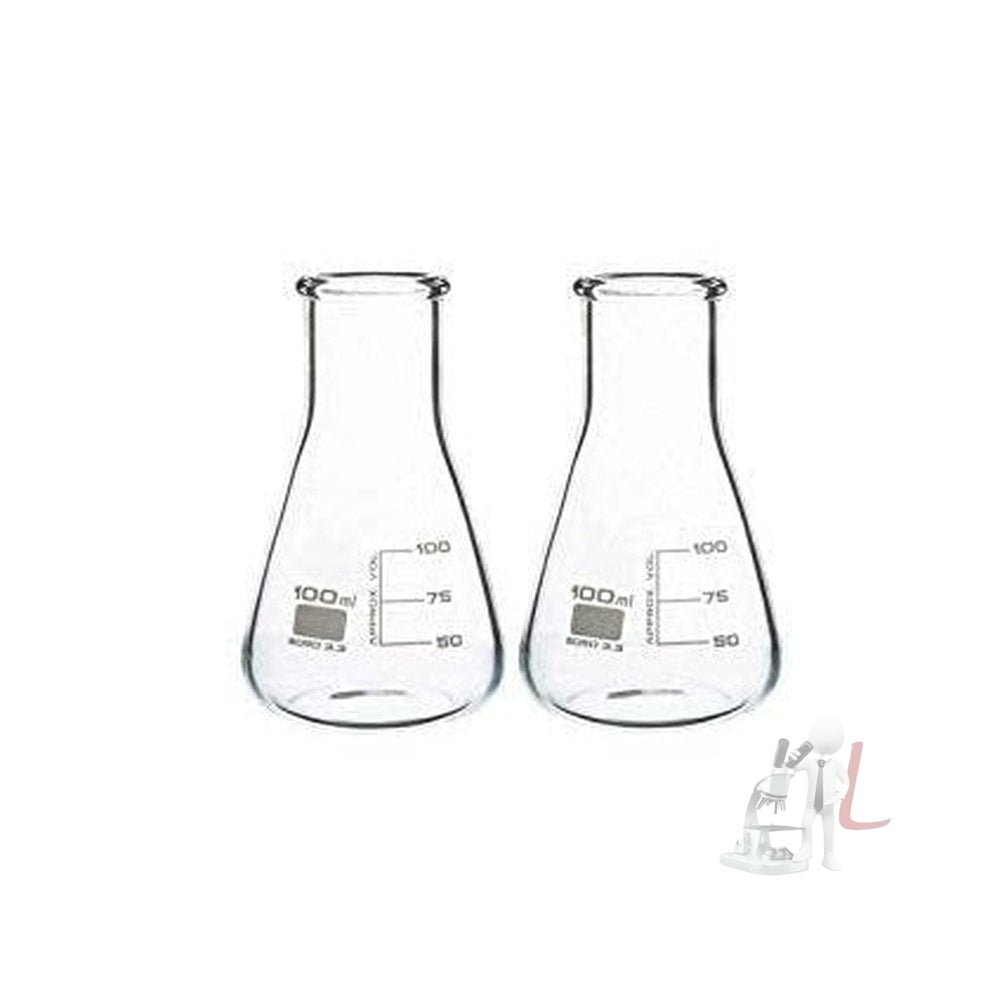 Erlenmeyer Conical Flask, Wide Neck, Made of Borosilicate Glass 3.3, Pack of 2, 100 ml - Laboratorydeal