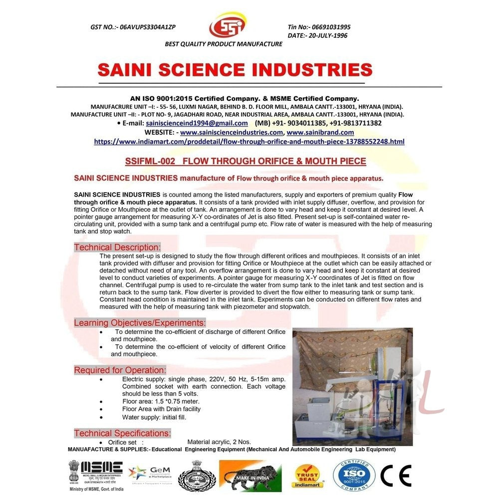 Flow through orifice & mouth piece apparatus - Laboratorydeal
