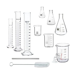 G.I Kit Cylinder, Beakers and Conical Flask (100,250,500ml) with Stirring Rod and Cleaning Brush - Pack of 11 - Laboratorydeal