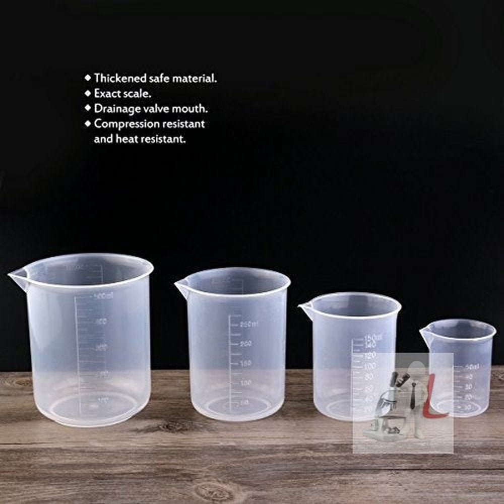 Measuring Cup Labs Plastic Graduated Beakers 50ml 150ml 250ml 500ml (Transparent, Set of 4) - Laboratorydeal