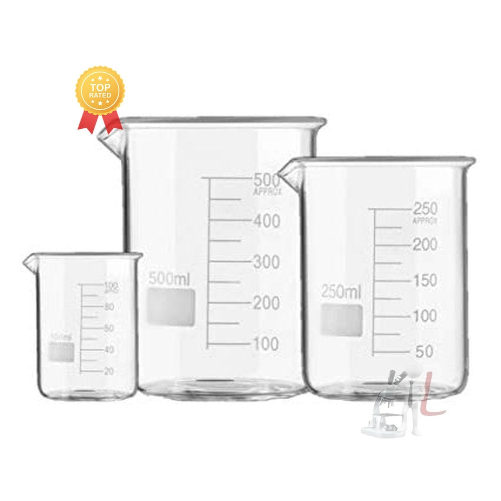SPYLX High Quality Borosilicate 3.3 Glass Beakers - 100 ml, 250 ml, 500 ml, Pack of 3 - Laboratorydeal