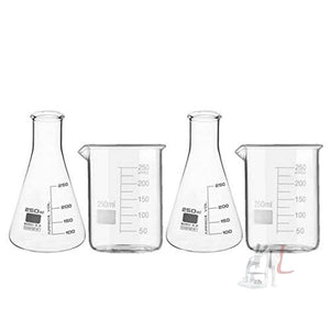 SPYLX High Quality Borosilicate 3.3 Glass Beakers - 250 ml 2 pcs and Conical - 250 ml 2 pcs with Graduation Marks, Pack of 4 - Laboratorydeal