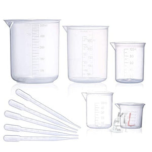 SPYLX Plastic Beaker Set, 5 Sizes Low Form Measuring Graduated Beakers in 500 ml, 250 ml, 100 ml, 50 ml, 25 ml for Laboratory, & Science Experiments with 5 Plastic Droppers in 3 ml - Laboratorydeal