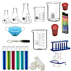 SPYLX Chemistry Kit Combo 3 Beakers, 3 Conical Flask, 6 Test Tube, 1 Mask, 1 Scientific Goggles, 1 Test Tube Holder, 1 Test Tube Stand, 2 Rubber Cork, 2 Packs of PH Papers- Pack of 20 - Laboratorydeal