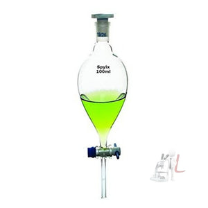 Scifa Borosilicate Glass 3.3 Separatory funnel Pear Shape with Stop Cork and Inter changeable Plastic Stopper 100 ml - Laboratorydeal