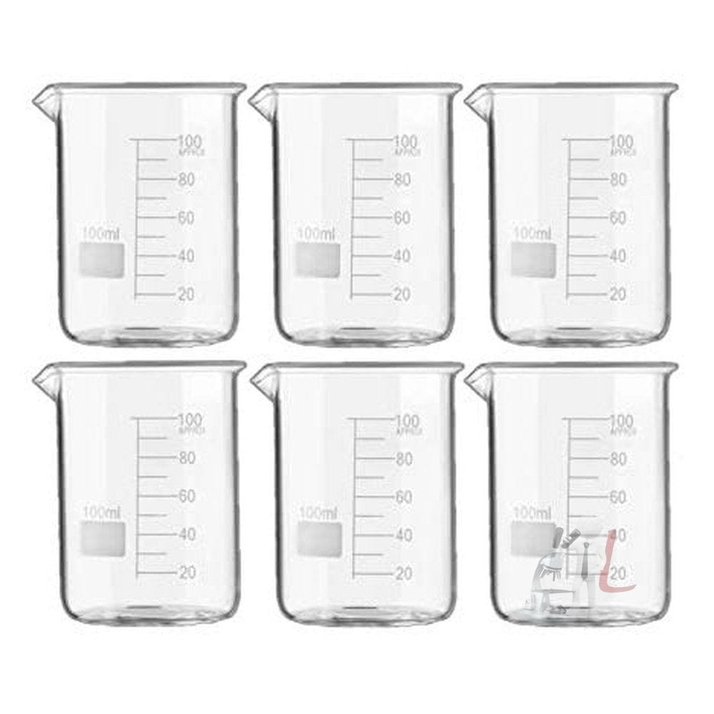Scifa High Quality Borosilicate 3.3 Glass Beakers - 100 ml 6 pcs with Graduation Marks, Pack of 6 - Laboratorydeal